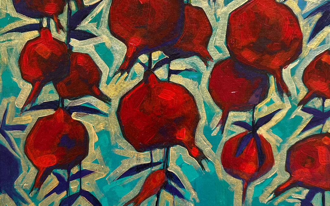 Malkhaz Rusadze Pomegranates on a turquoise background, 2025 220$