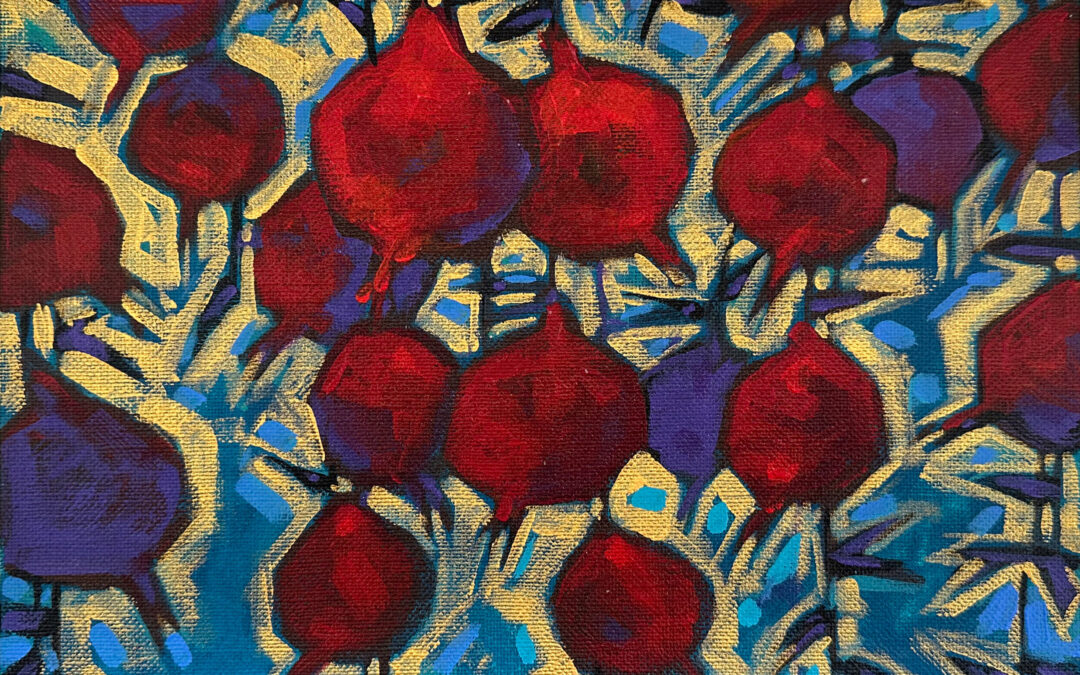 Malkhaz Rusadze Pomegranates on a blue background, 2025 190$